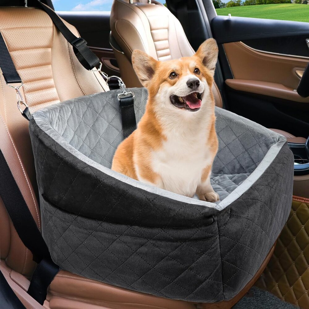 Detachable Washable Dog Booster Seat Travel Bed Storage Pockets Safety Belt